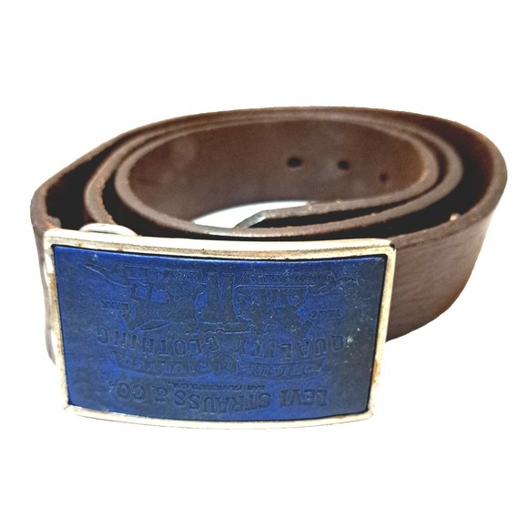 Vtg Levi Strauss Blue Leather Buckle Italy Full Grain Leather Belt USA Men's 42